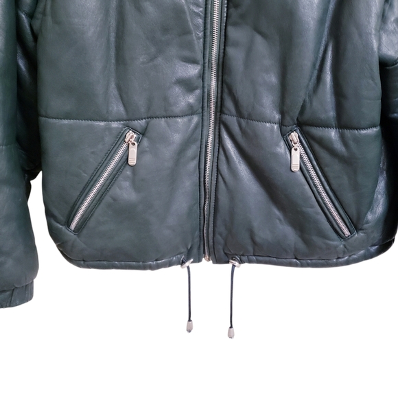 Vintage Unisex Hunter Green Leather Puffer Zip Up Boxy Jacket, Size M - Picture 5 of 10